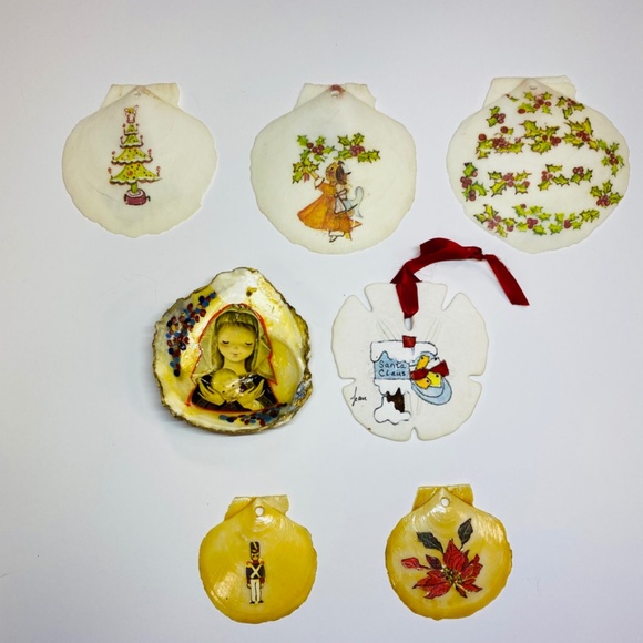 Set of 3 Seashell Christmas Ornaments handmade antique sheet  Vintage Shell Christmas Ornaments Handmade Set 7
